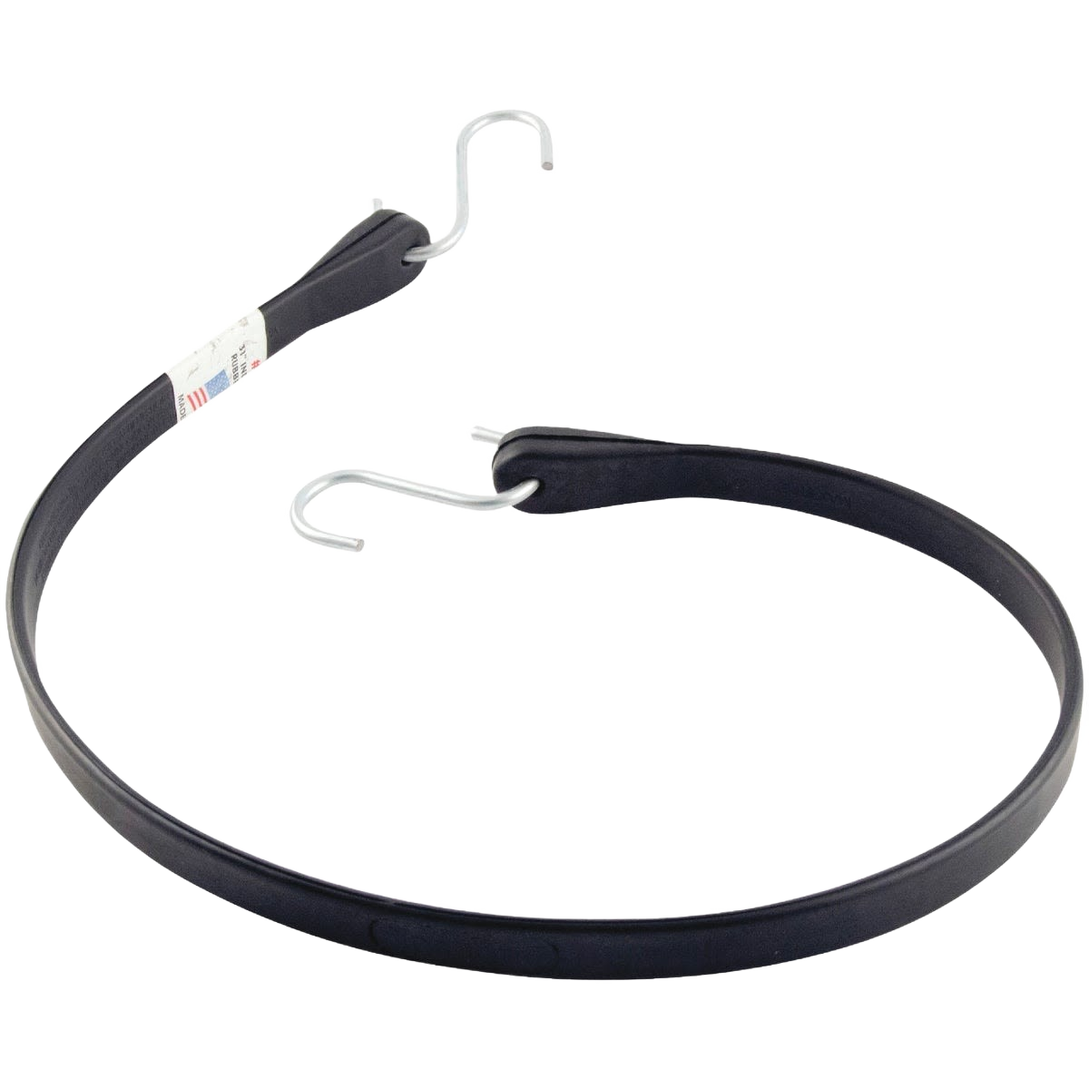 Black rubber tarp strap with metal hooks on both ends for securing loads in home improvement and industrial use