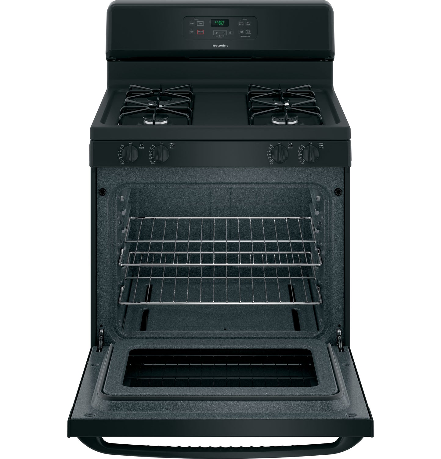 Front view of black free-standing gas range with open oven door showing racks in kitchen appliances collection