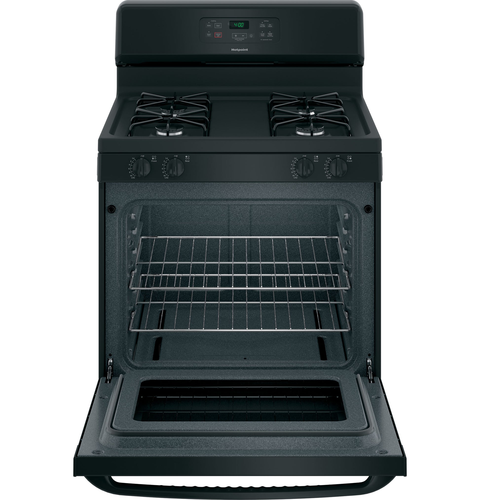 Front view of black free-standing gas range with open oven door showing racks in kitchen appliances collection