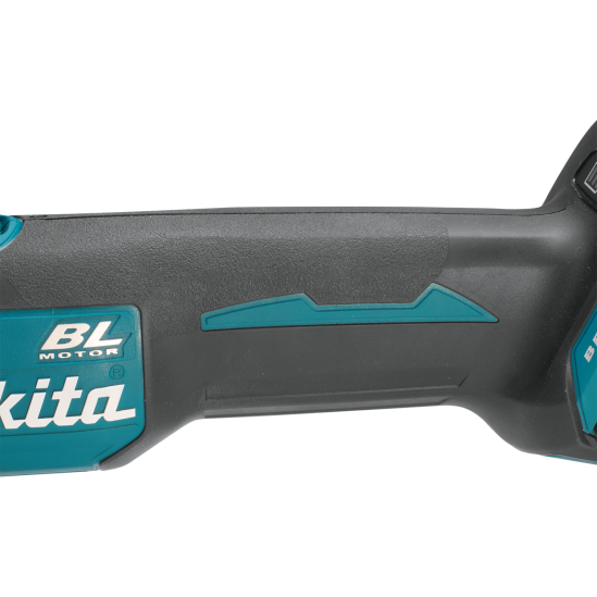 Close-up of Makita cordless angle grinder handle with textured grip and teal accent for tools and home improvement projects