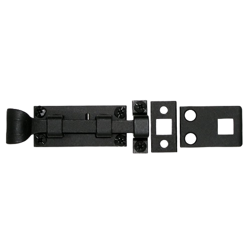 Forged iron square bolt with black finish and mounting plates for secure door or gate fastening in home improvement projects