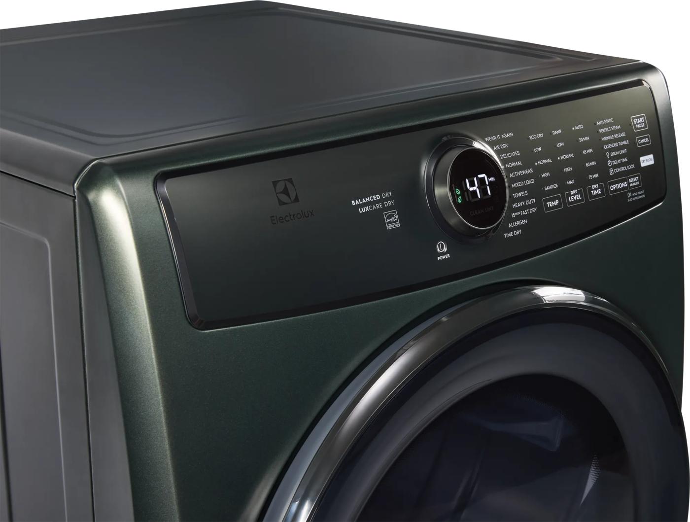 Dark green front load electric dryer with digital display and control panel in dryers and appliances collection