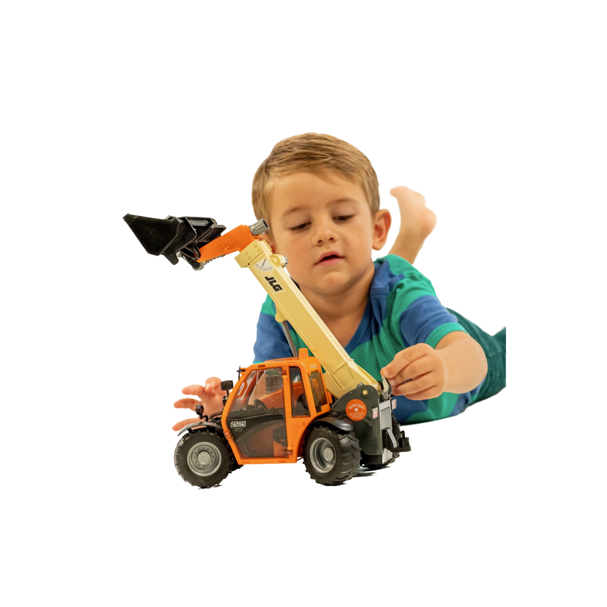 Young child playing with orange Bruder JLG 2505 Telehandler toy from Vehicles & Remote Controlled Toys collection