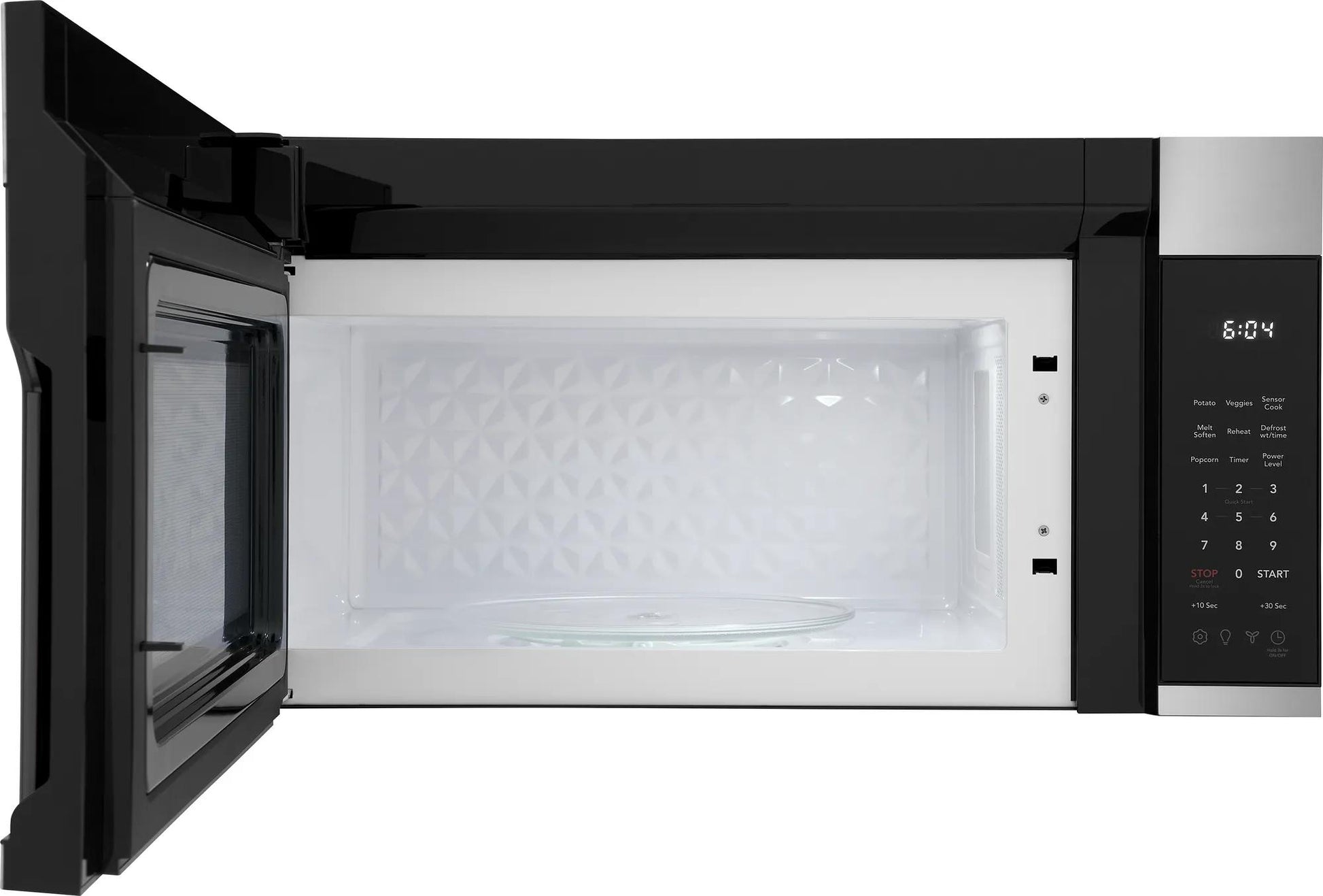Black and stainless steel over-the-range microwave with digital control panel and open door from kitchen appliances collection