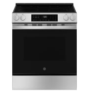 Stainless steel slide-in electric range with smooth cooktop and digital control panel for kitchen appliances collection