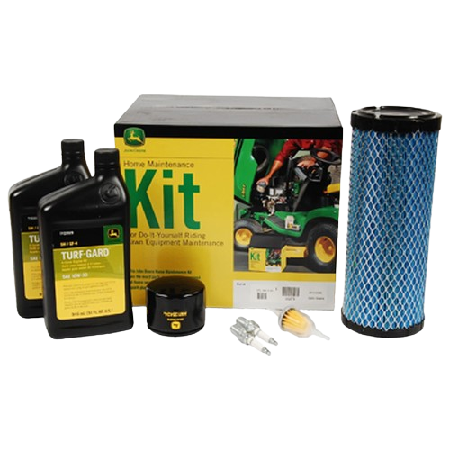 Home maintenance kit with oil, filters, and spark plugs for riding lawn mower equipment care tasks
