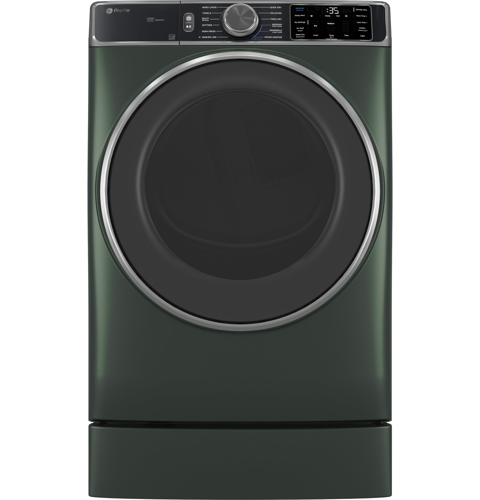 Dark green smart front load gas dryer with digital control panel and large tinted door in Dryers collection