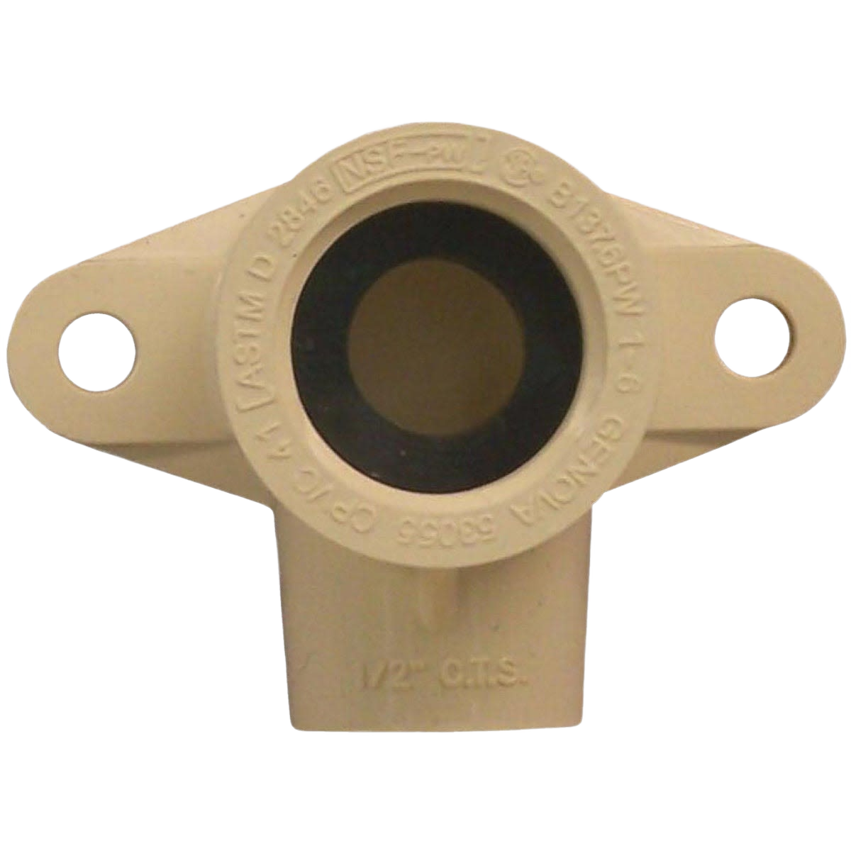 Beige CPVC elbow with lug holes for fastening, designed for plumbing and pipes fittings under $50 collections