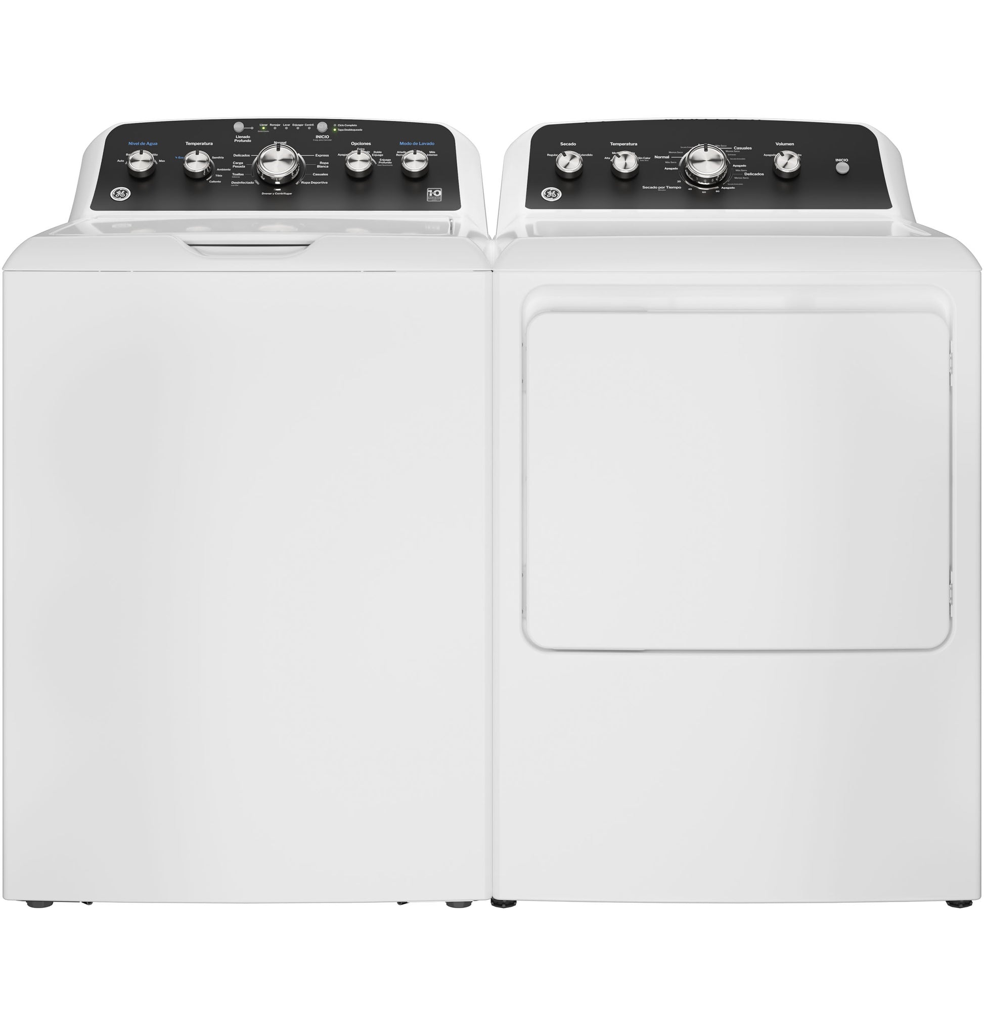 White top load washer with Spanish control panel and matching dryer in washer and dryer appliance set