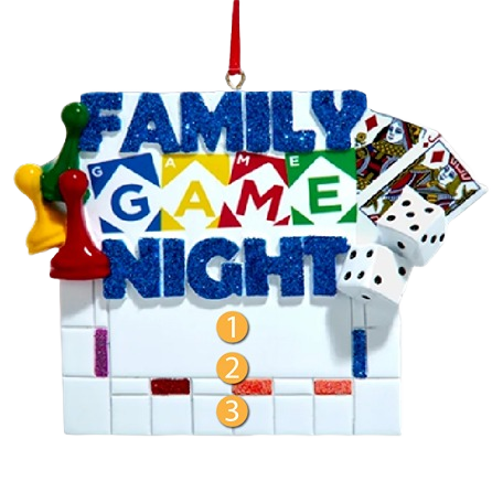 Christmas ornament with dice, playing cards, and colorful game pieces celebrating family game night under $50