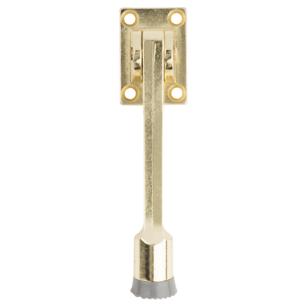 Brass kickdown door stop with spring lock and rubber tip for secure door hold in home improvement projects