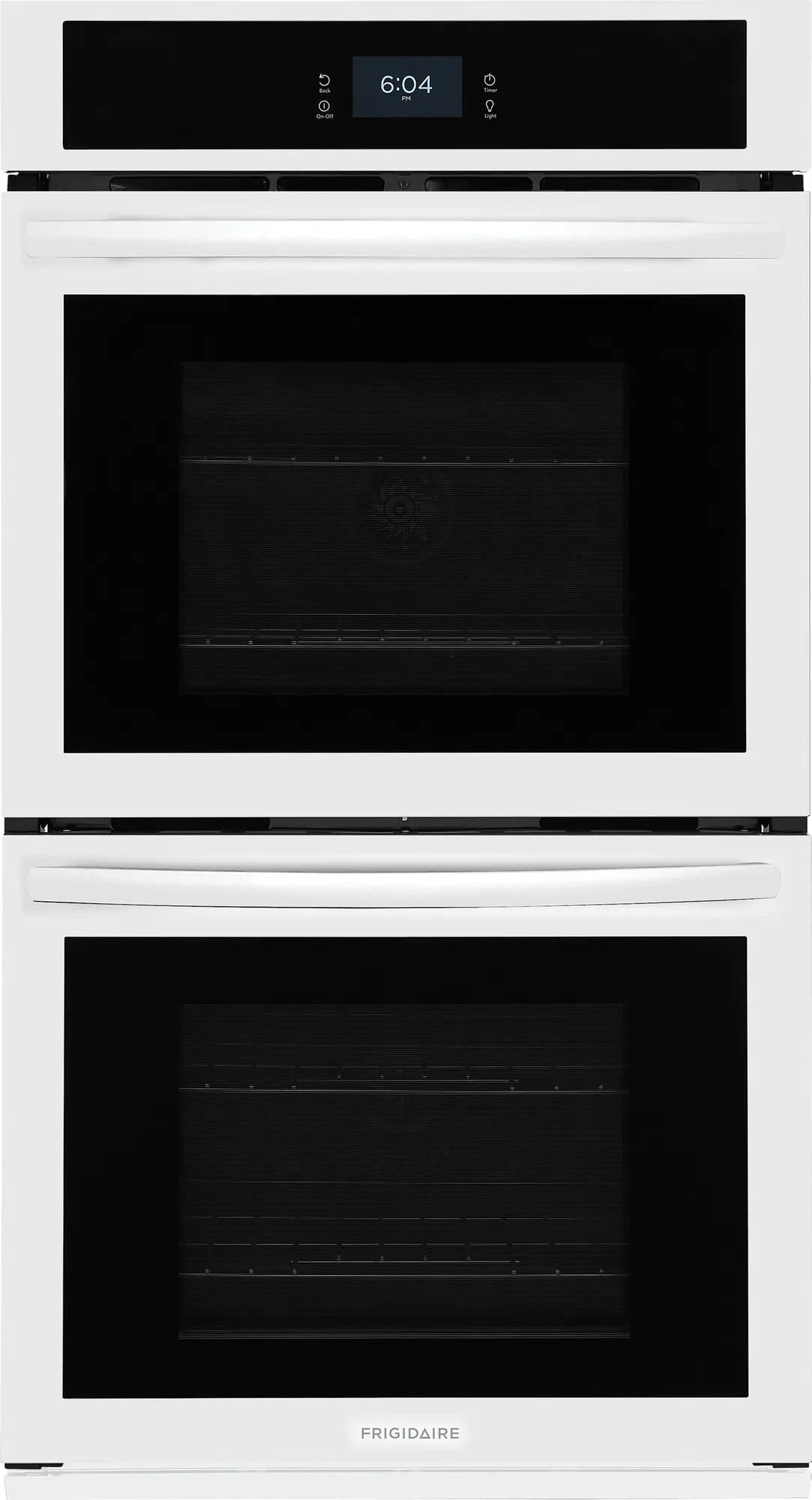 White double electric wall oven with fan convection and digital touchscreen control panel for kitchen appliances
