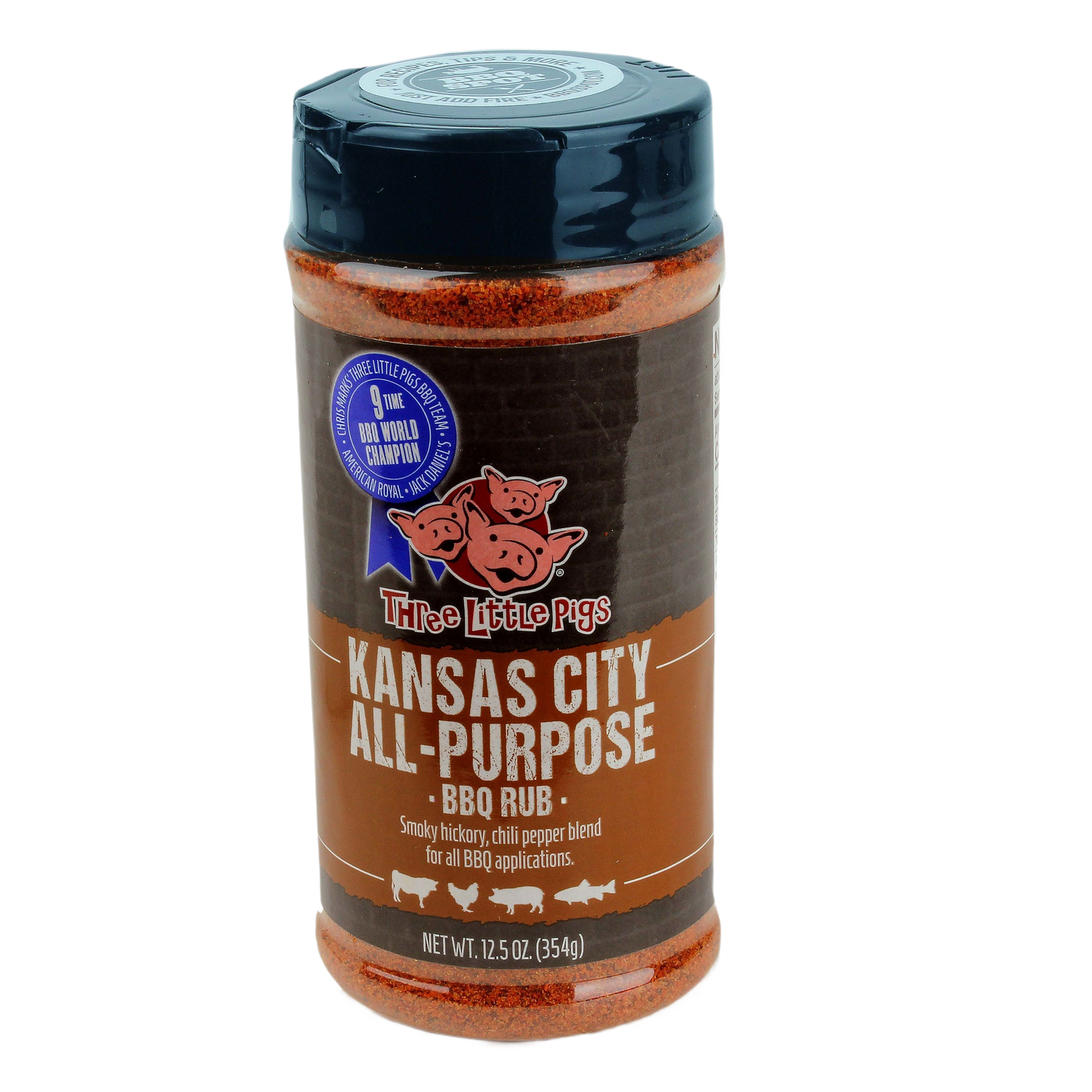 Plastic jar of Three Little Pigs Kansas City all-purpose BBQ rub with smoky hickory and chili pepper blend