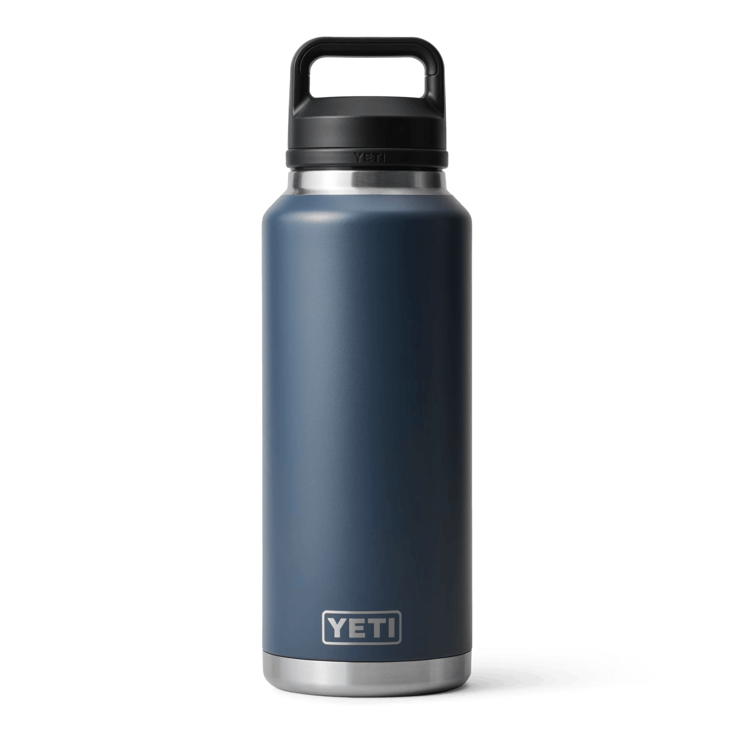 Blue stainless steel 46 oz bottle with black chug cap, designed for drinkware and kitchenware collections under $100