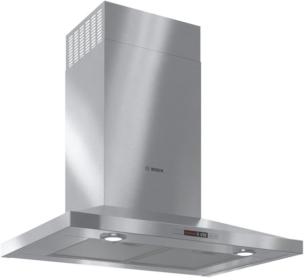 Sleek stainless steel wall-mounted range hood with LED lights and digital display in kitchen ventilation tools and appliances category