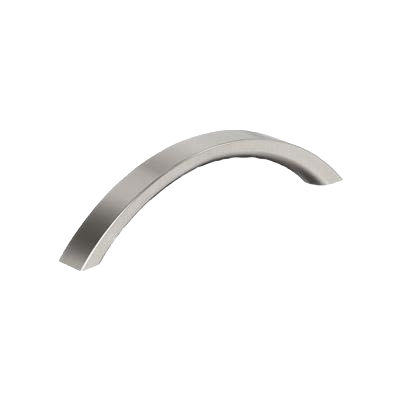 Satin nickel curved cabinet pull with 5-1/16 inch center-to-center spacing for hardware and furniture accessories.