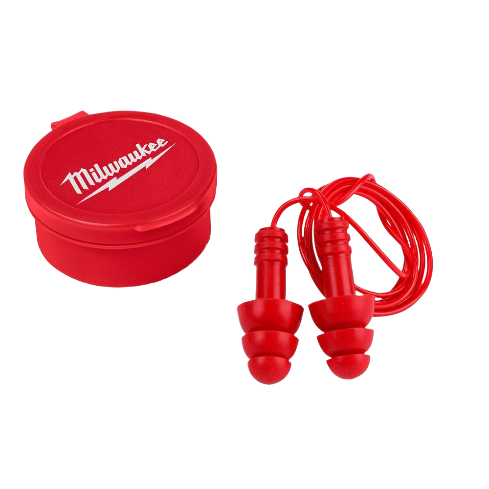 Red reusable corded ear plugs with triple flange design and branded round storage case for hearing protection gear