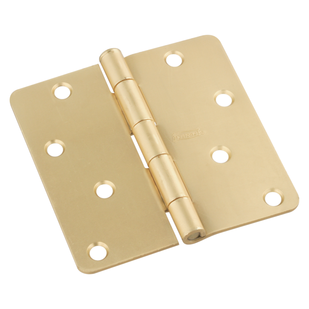 Satin brass door hinge with rounded corners and eight mounting holes for residential interior doors in hardware collection