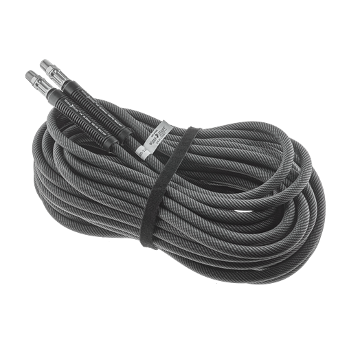 Coiled black high-pressure air hose with metal fittings for air tools and home improvement projects
