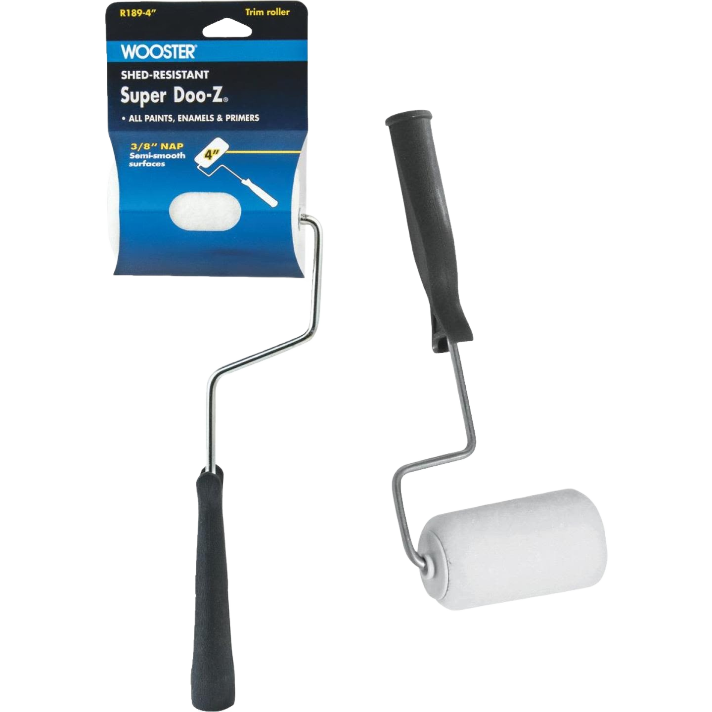White 4-inch paint roller with black handle and shed-resistant cover for smooth application in paint supplies collections