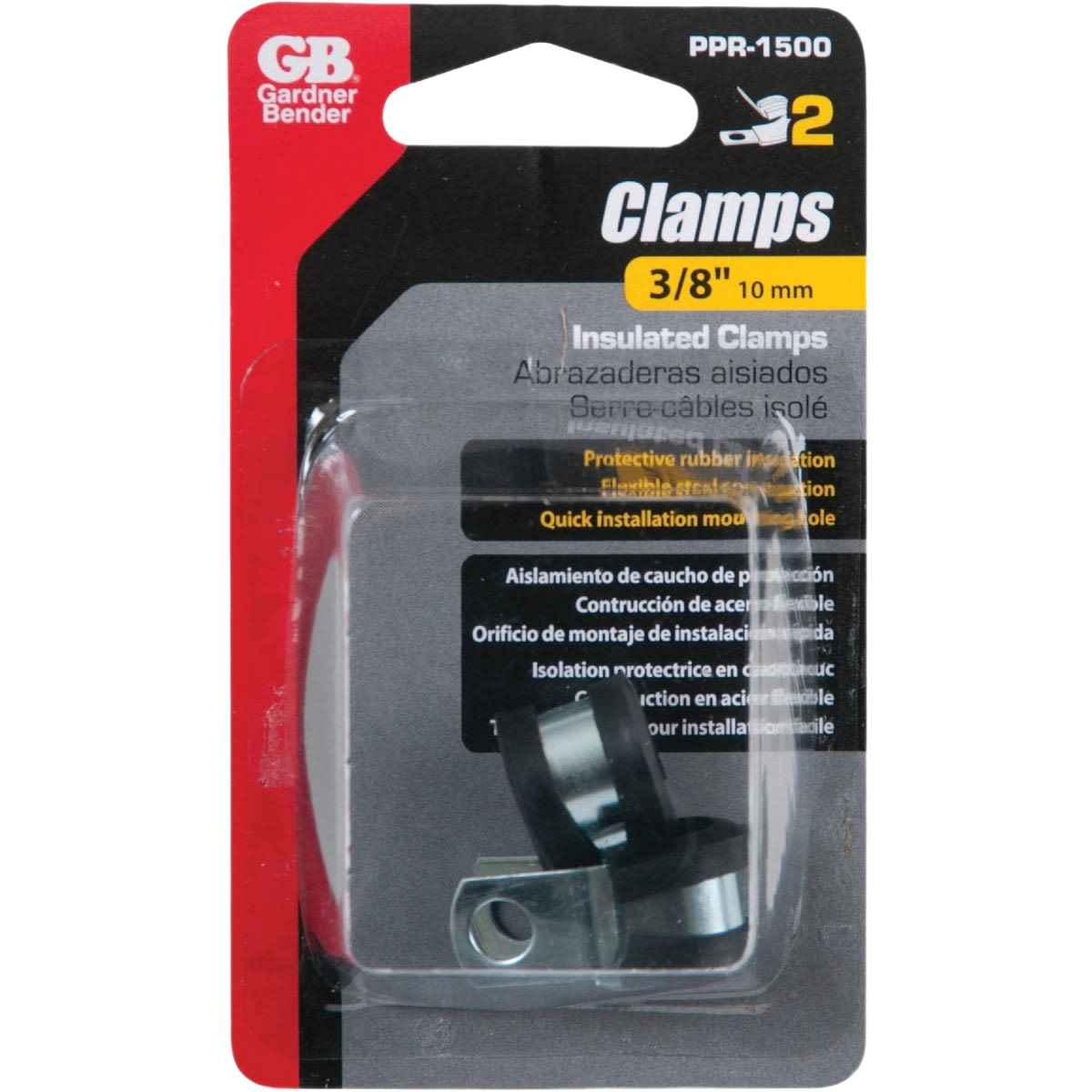 Two black steel cable clamps with rubber inserts in retail packaging for home improvement tasks