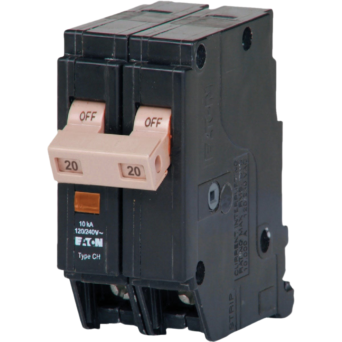 Black double-pole circuit breaker with beige toggle switches labeled off and 20 amps for home improvement projects