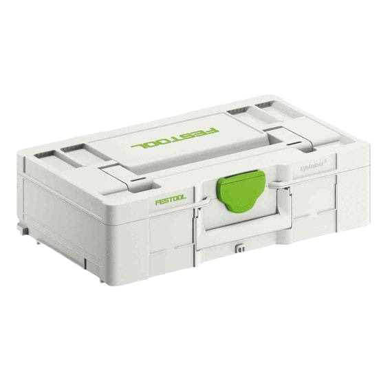 Compact white and green Festool interlocking storage box for workshop organization and tool storage systems