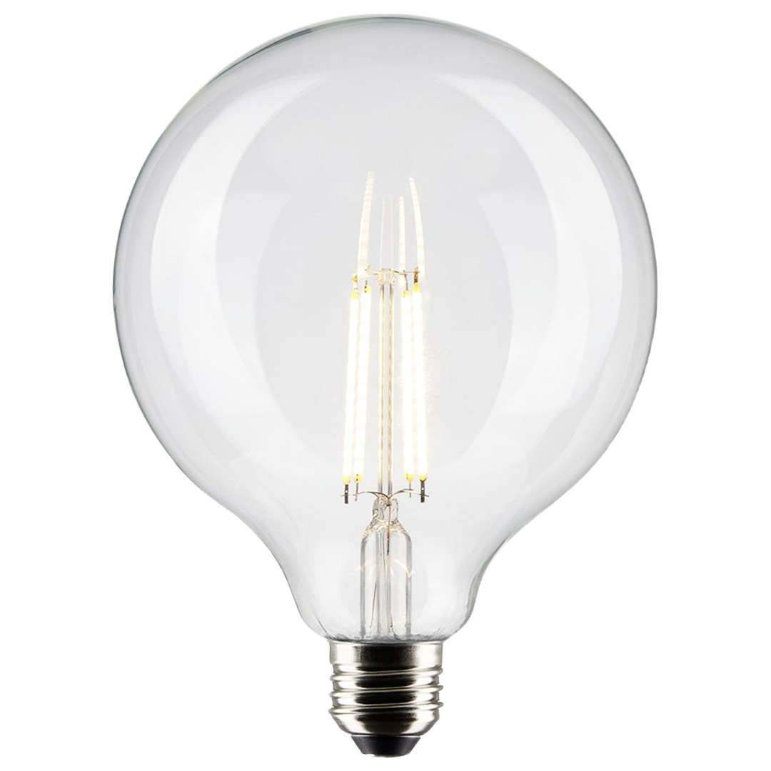 Clear globe LED bulb with visible filament and medium base for warm white lighting in home and electrical use