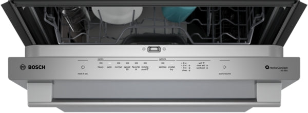 Top view of open 24-inch stainless steel dishwasher with control panel and racks from Bosch appliance collection