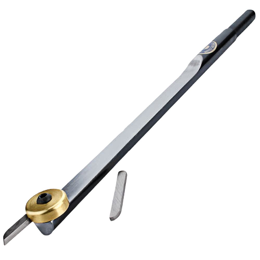 Long steel hollowing tool blade with brass collar and two cutting tips for woodworking and home improvement tasks
