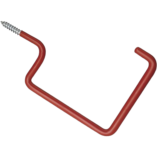Red vinyl-coated screw-in storage hook for ladder, bicycle, and tool organization in garage and dorm spaces