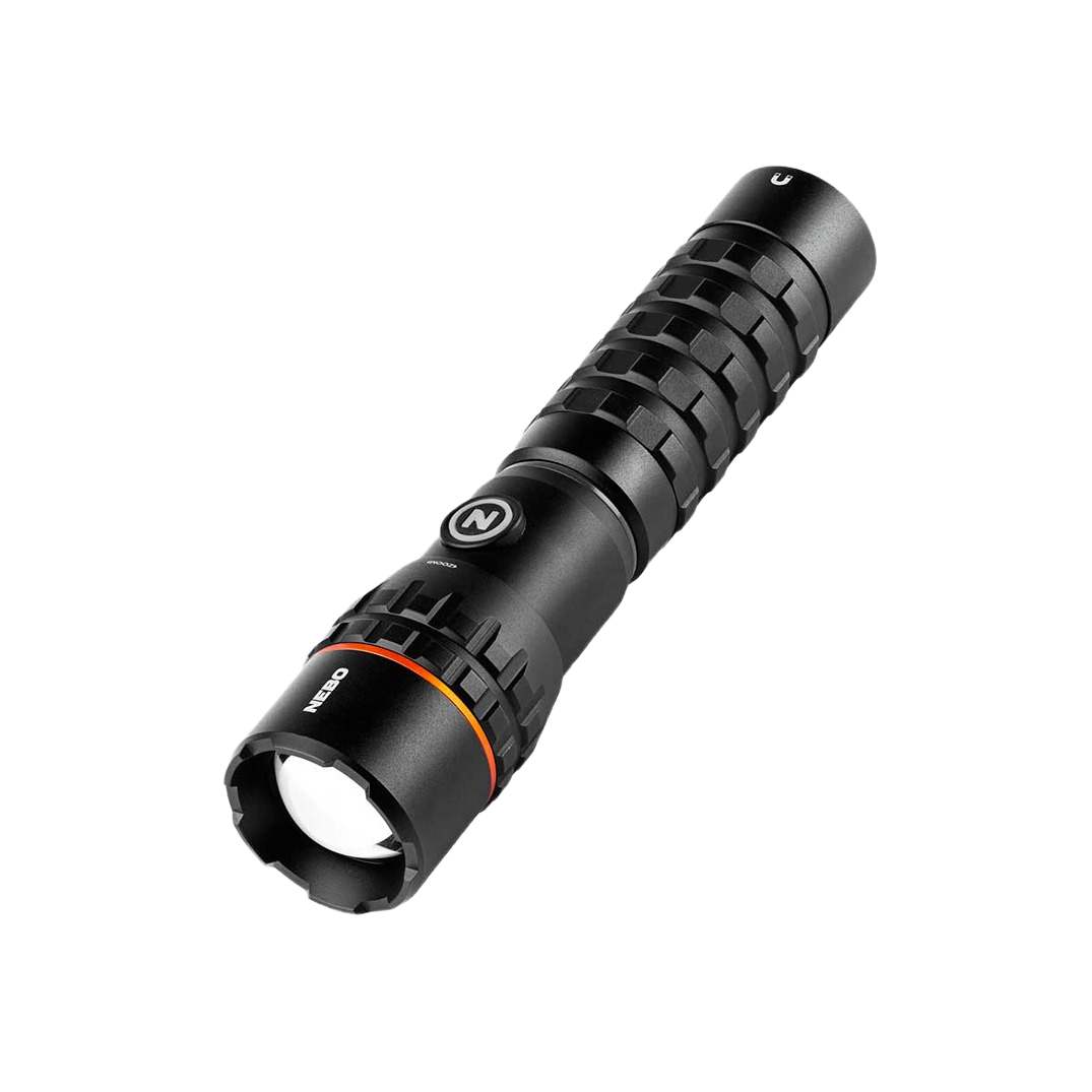 Black tactical flashlight with textured grip and orange accent ring for versatile tools and home improvement use
