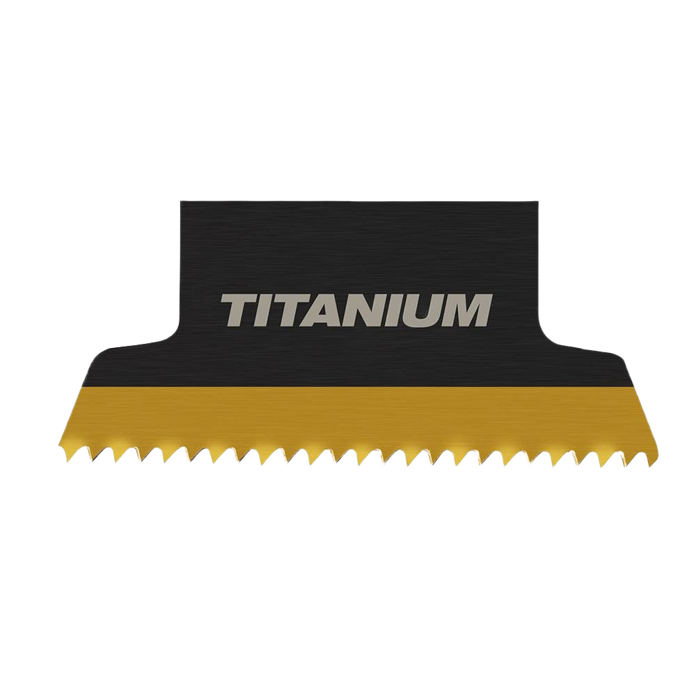 Close-up of titanium-coated oscillating saw blade for precision cutting in woodworking tool accessories collection
