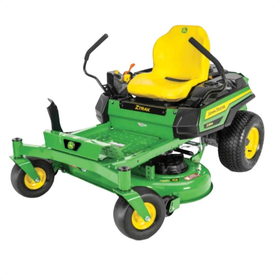 Green and yellow zero-turn riding mower with 42-inch deck and ergonomic seat for lawn care and home improvement use