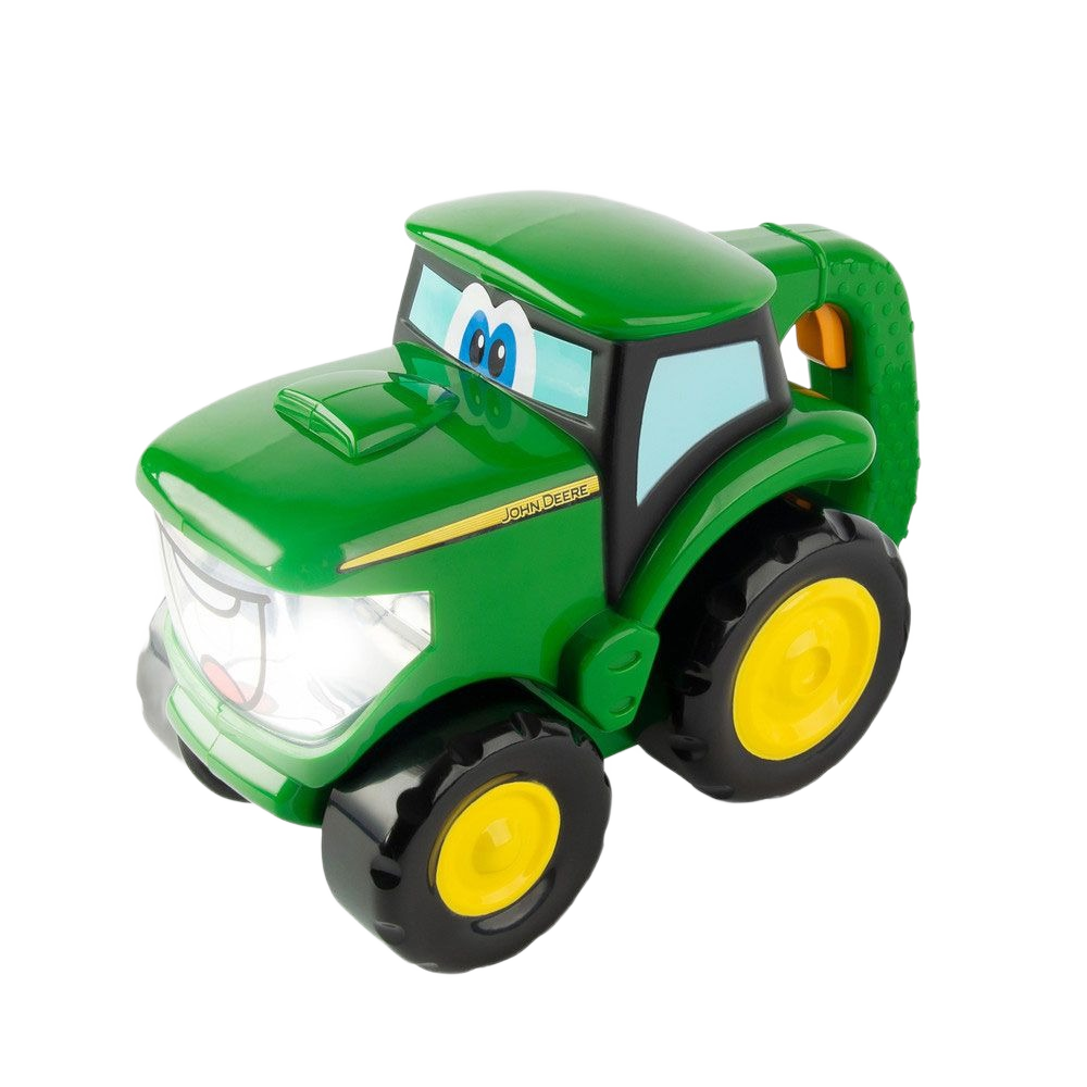 Green and yellow toy tractor flashlight with cartoon eyes and a handle for easy gripping by children