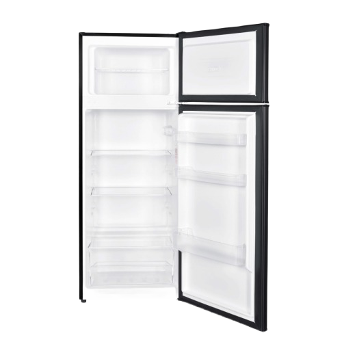 Mid-size black refrigerator with manual defrost, crisper with cover, adjustable shelves in kitchen appliances collection