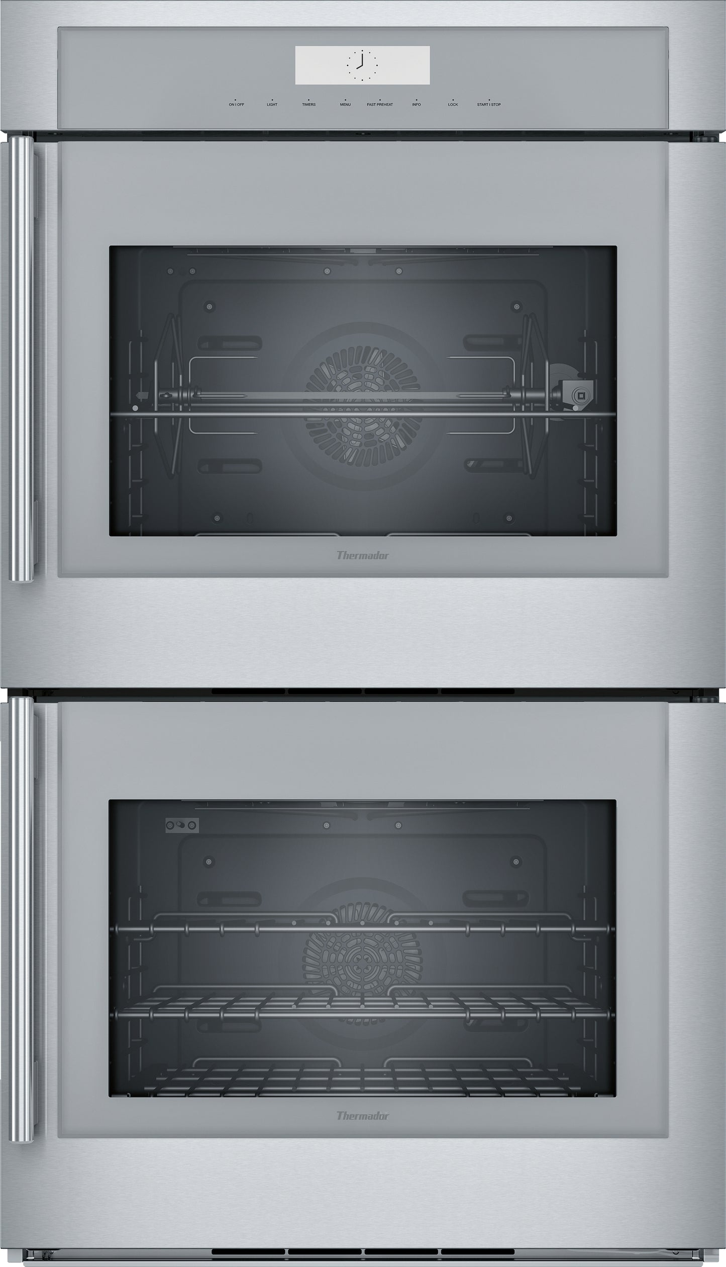 Built-in stainless steel double wall oven with two cavity doors and side handles for kitchen appliances collection