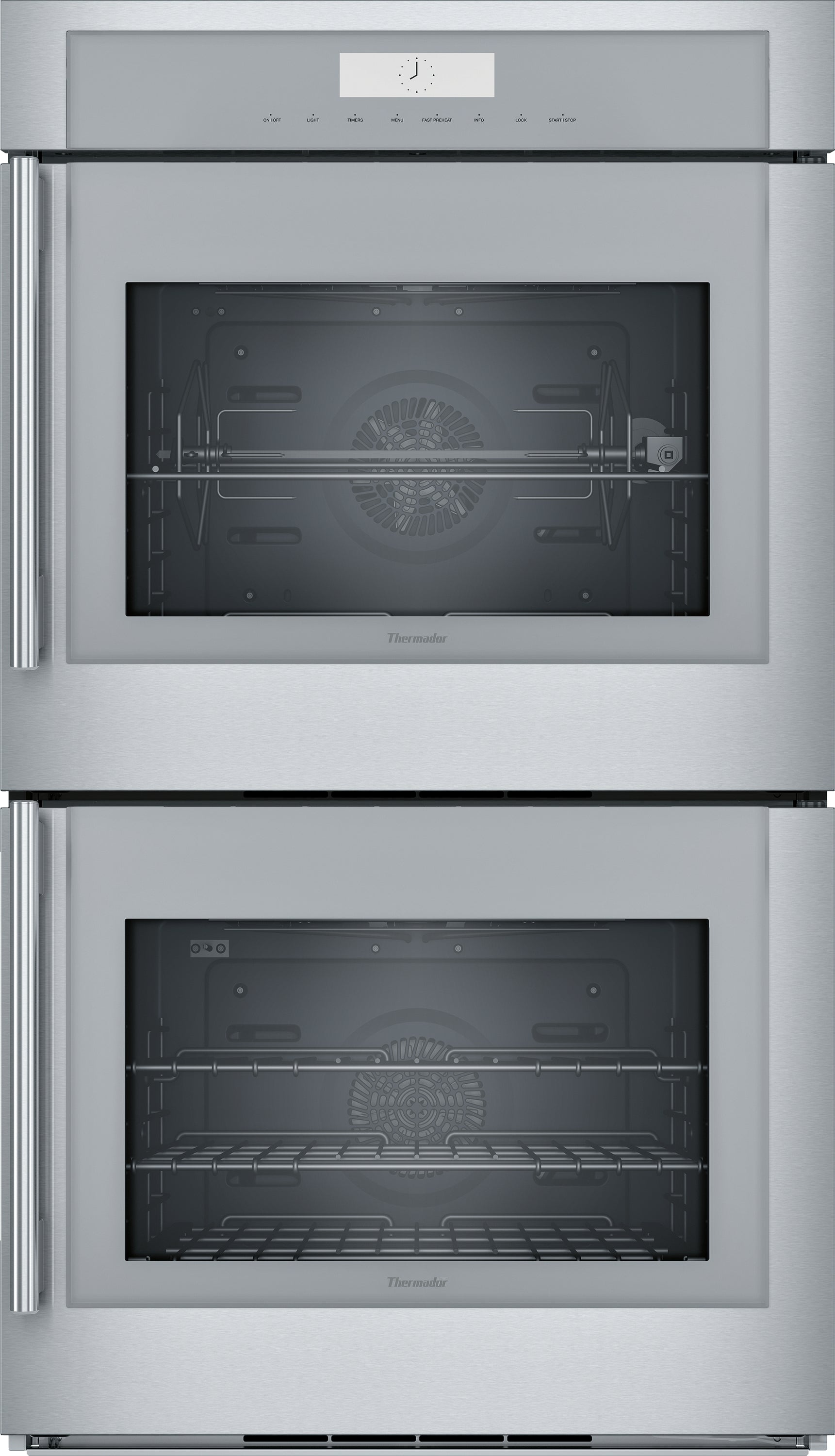 Built-in stainless steel double wall oven with two cavity doors and side handles for kitchen appliances collection