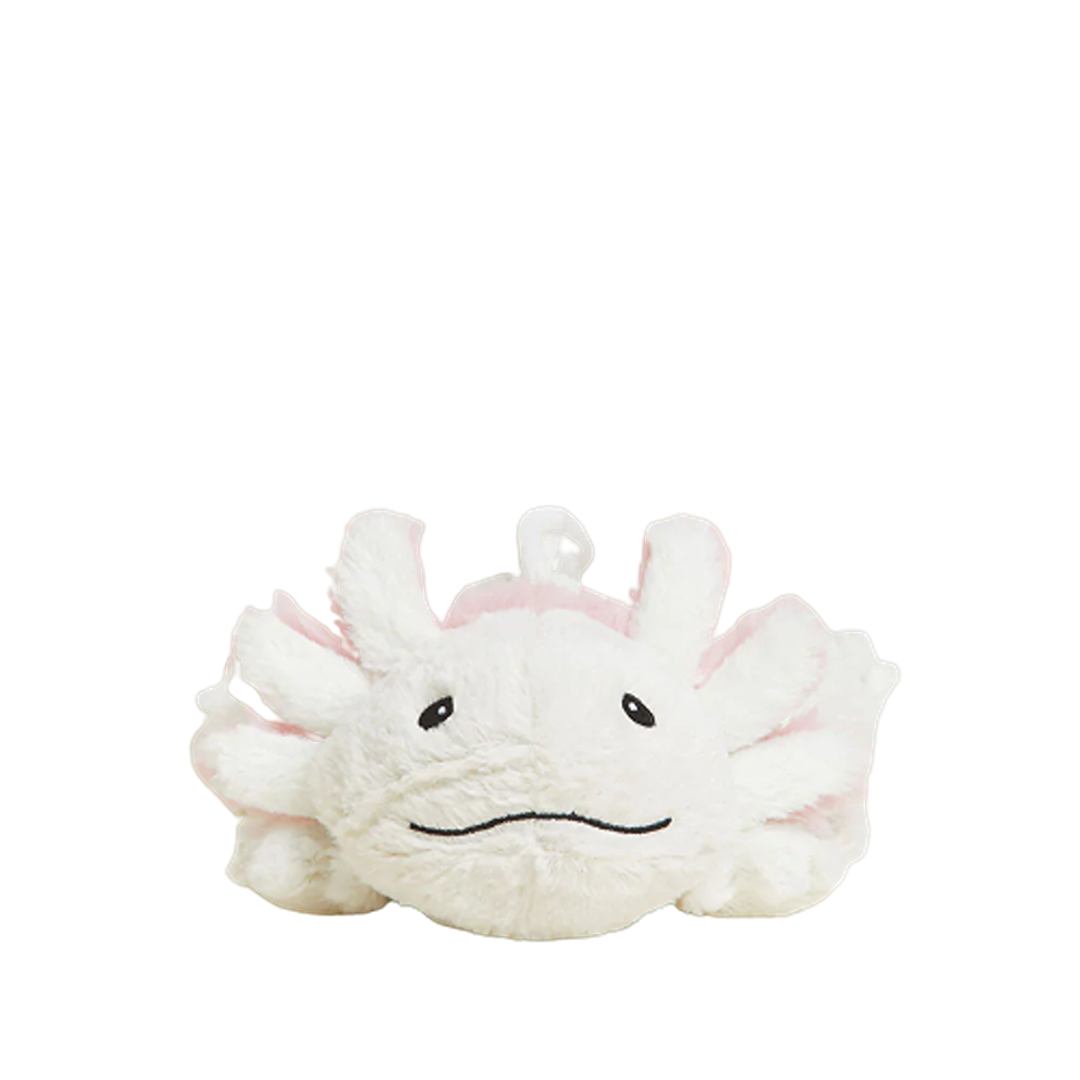 Soft white microwavable plush axolotl with pink accents for cozy warmth and comfort