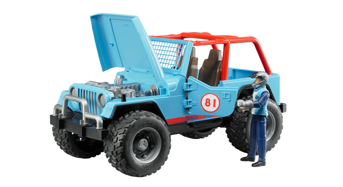 Blue off-road Bruder Jeep with large tires, open hood, roll cage, and driver figure in Toys & Games collection