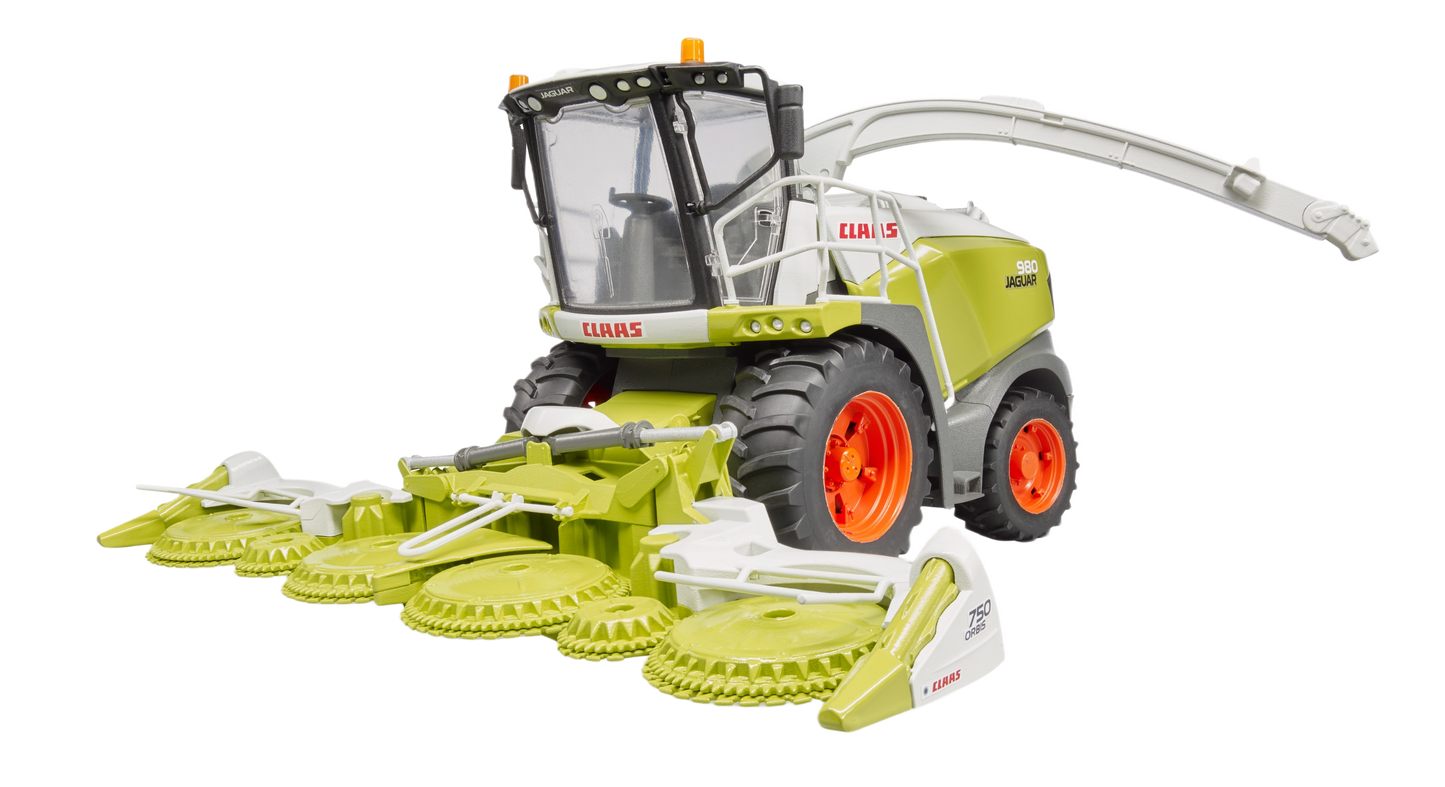 1:16 scale model of Claas Jaguar 980 forage harvester with detailed green body and orange wheels for display or play