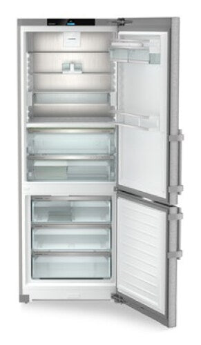Open freestanding refrigerator/freezer with adjustable glass shelves and clear drawers in kitchen appliances collection