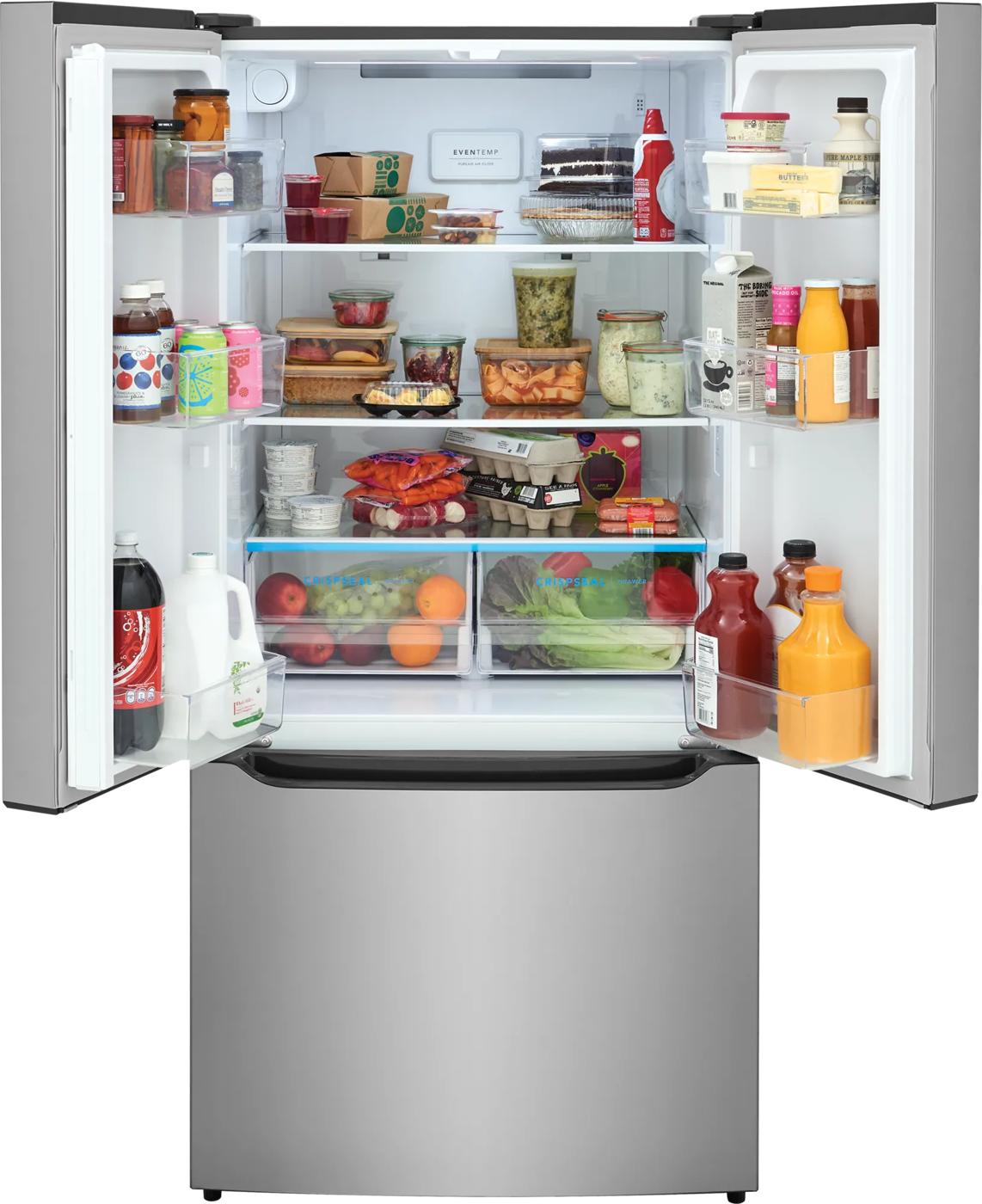 Open stainless steel counter-depth French door refrigerator filled with organized food and beverages in kitchen appliances collection