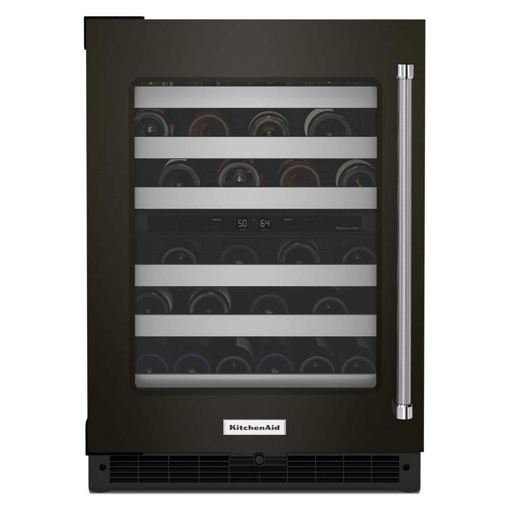 Undercounter wine cellar featuring glass door, stainless steel handle, metal-front racks, and dual temperature zones from KitchenAid Appliances