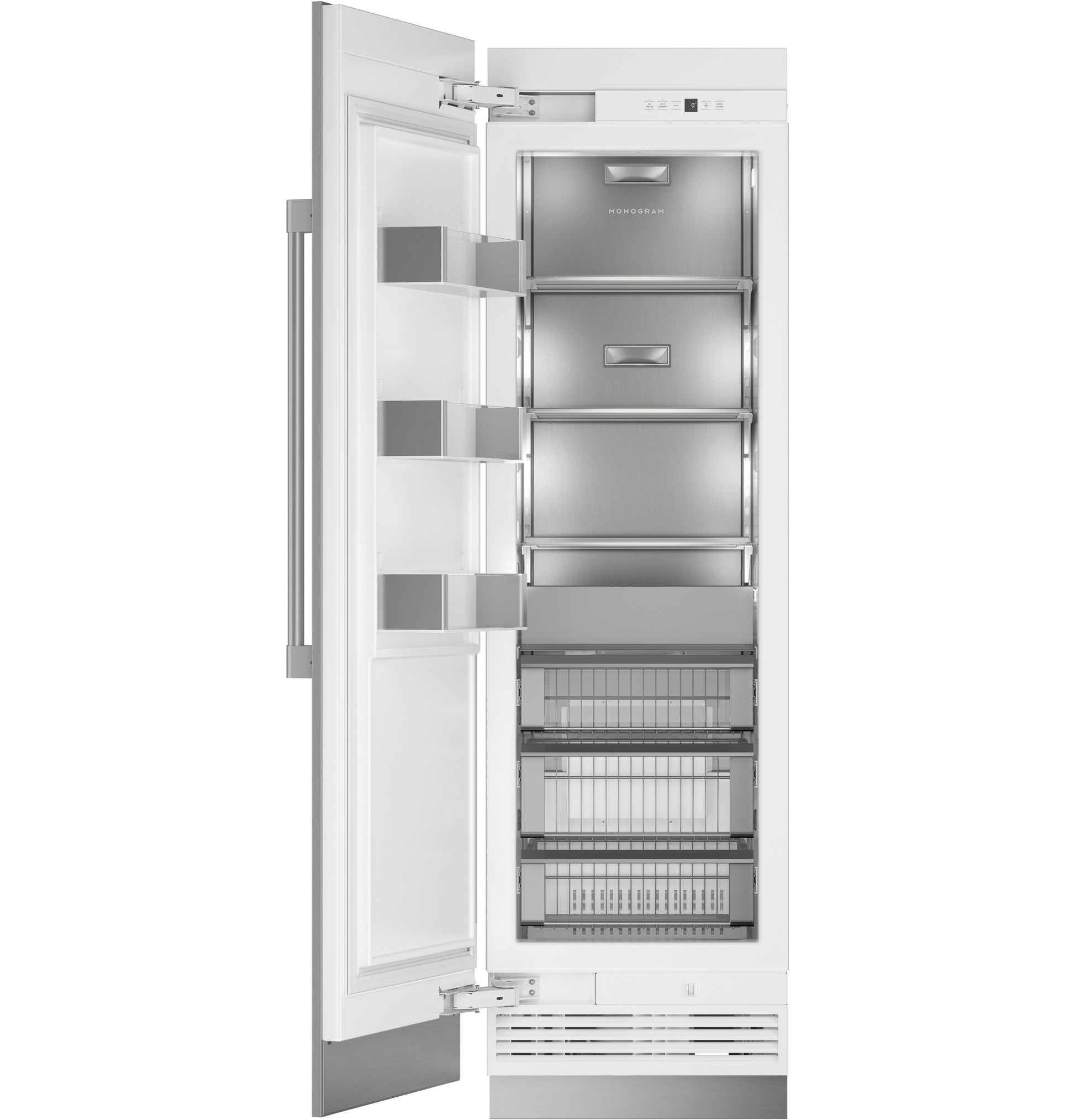 Open panel-ready integrated column freezer showing organized interior with adjustable drawers and door storage in appliances collection