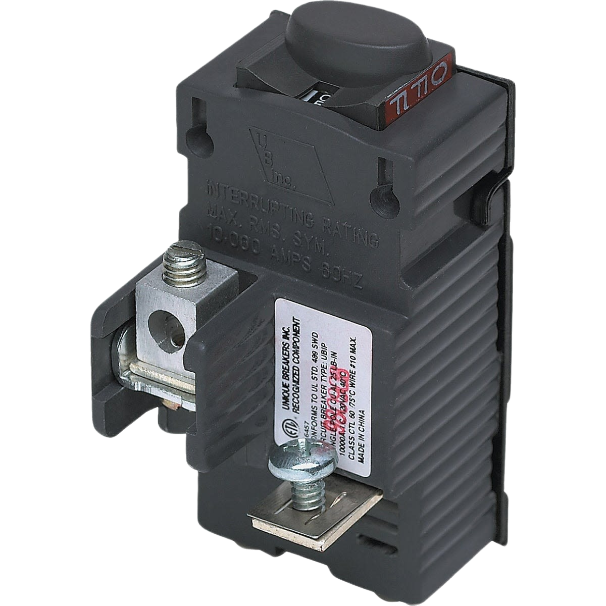 Compact black single-pole circuit breaker for electrical panels, suitable for home improvement and breaker collections