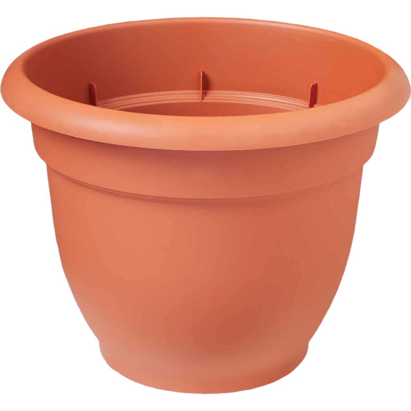 Terracotta-style plastic planter with self-watering feature for outdoor living and lawn and garden use