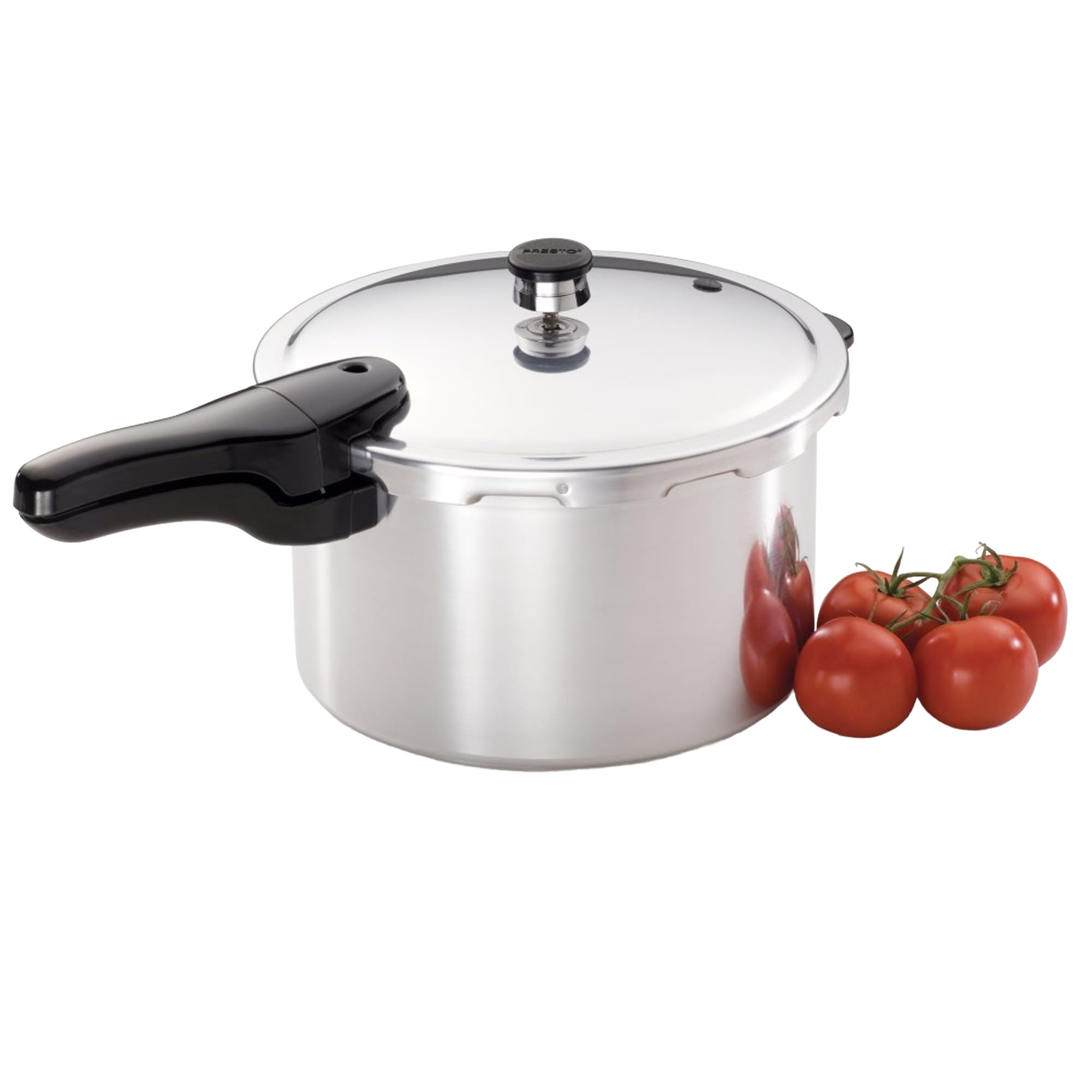 Polished aluminum pressure cooker with black handle and lid knob shown with fresh vine tomatoes in kitchenware collection