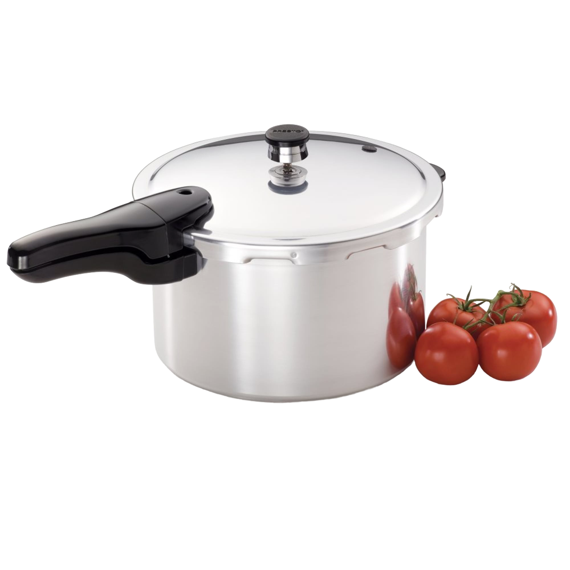 Polished aluminum pressure cooker with black handle and lid knob shown with fresh vine tomatoes in kitchenware collection