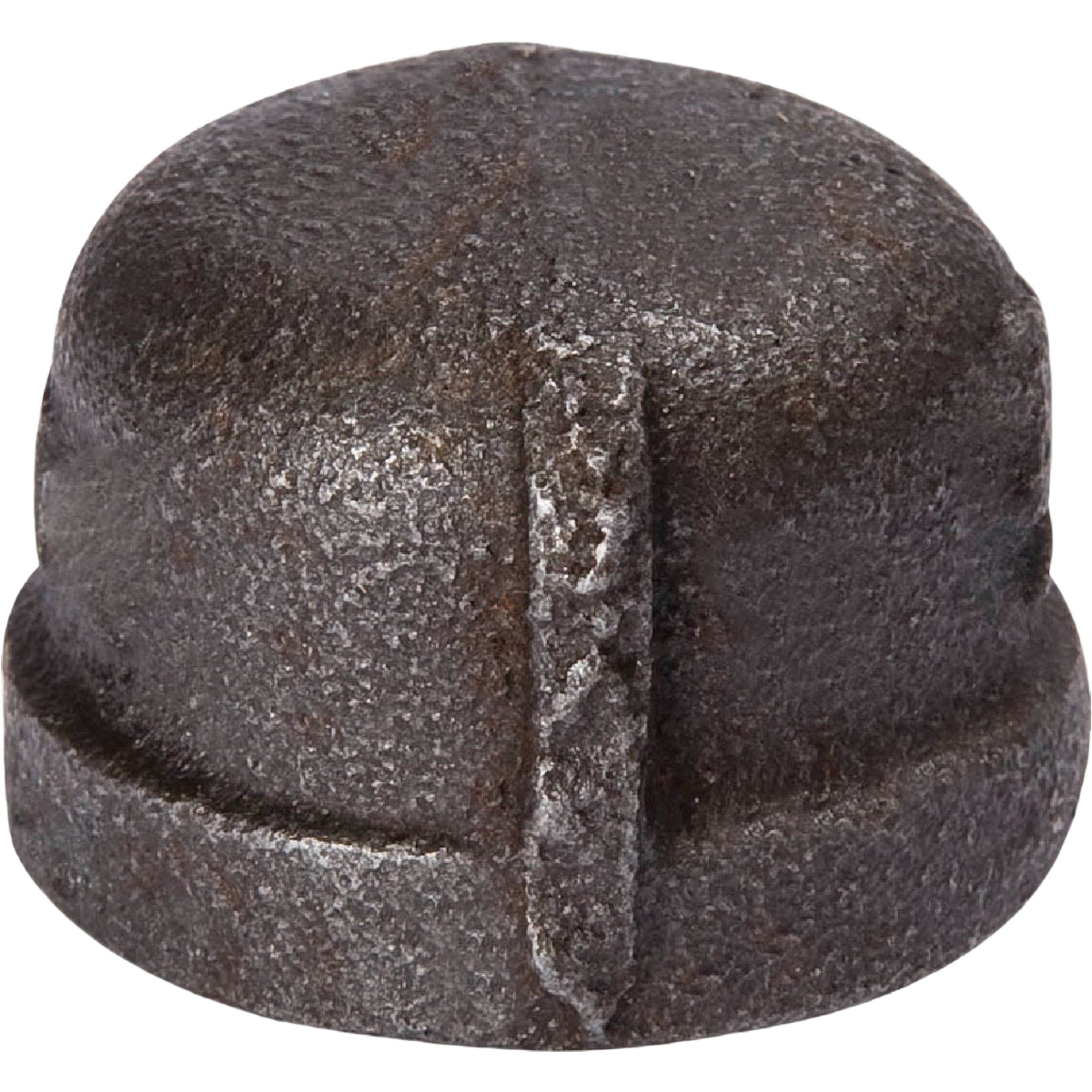 Black malleable iron plumbing cap for pipes and fittings, durable and corrosion-resistant, under $50 for home improvement projects